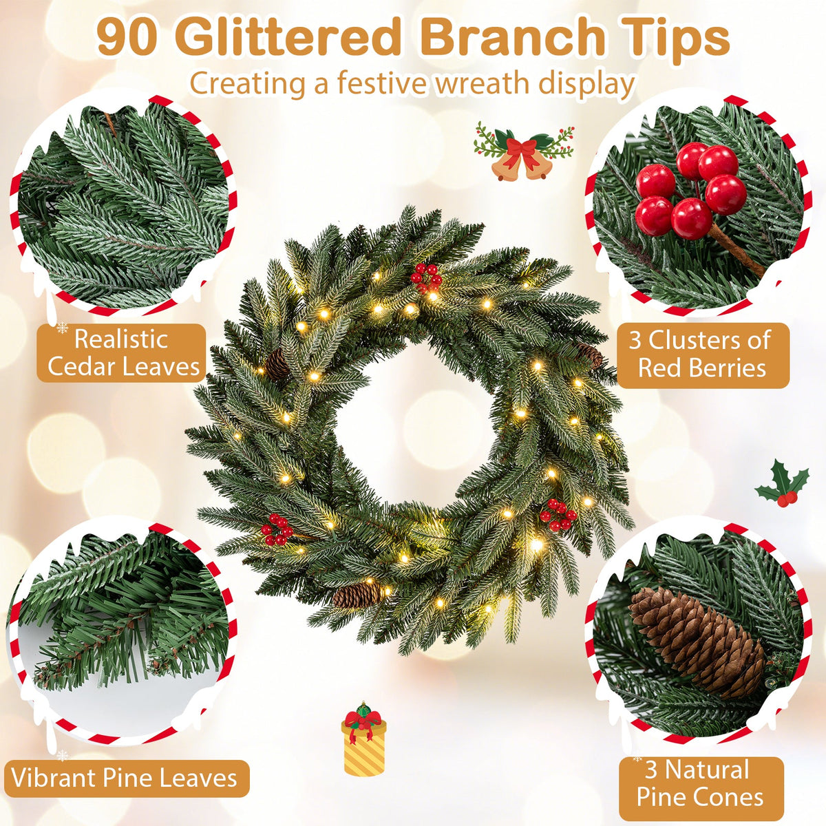 24" Pre-Lit Christmas Wreath with 90 Frosted Branch Tips
