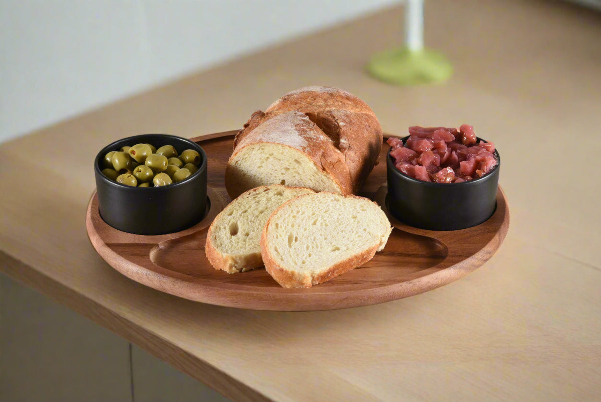 Charcuterie / Serving Tray w/ 2 Ceramic Bowls w/ Lids