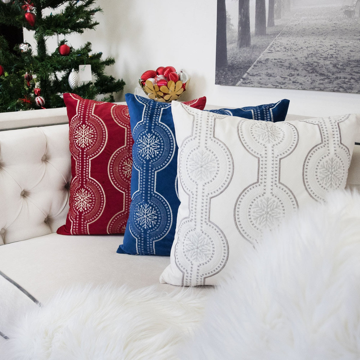White Holiday Embroidered Velvet Throw Pillow Set 20x20 with Inserts - White