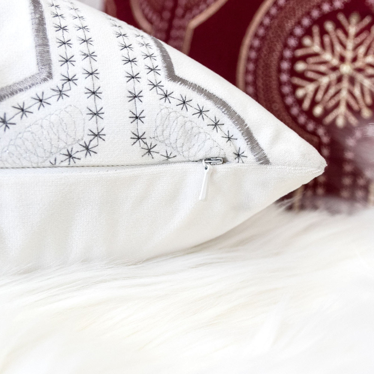 White Holiday Embroidered Velvet Throw Pillow Set 20x20 with Inserts - White