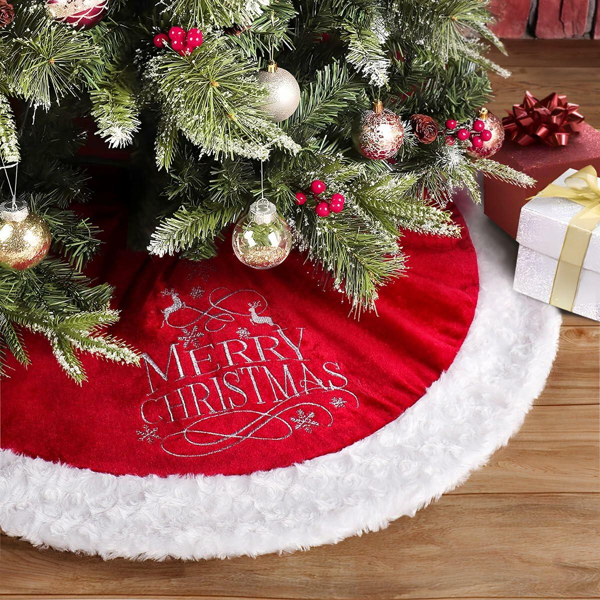 USILAND Christmas Tree Skirt Brown Velvet Snowflakes Embroidery 32in