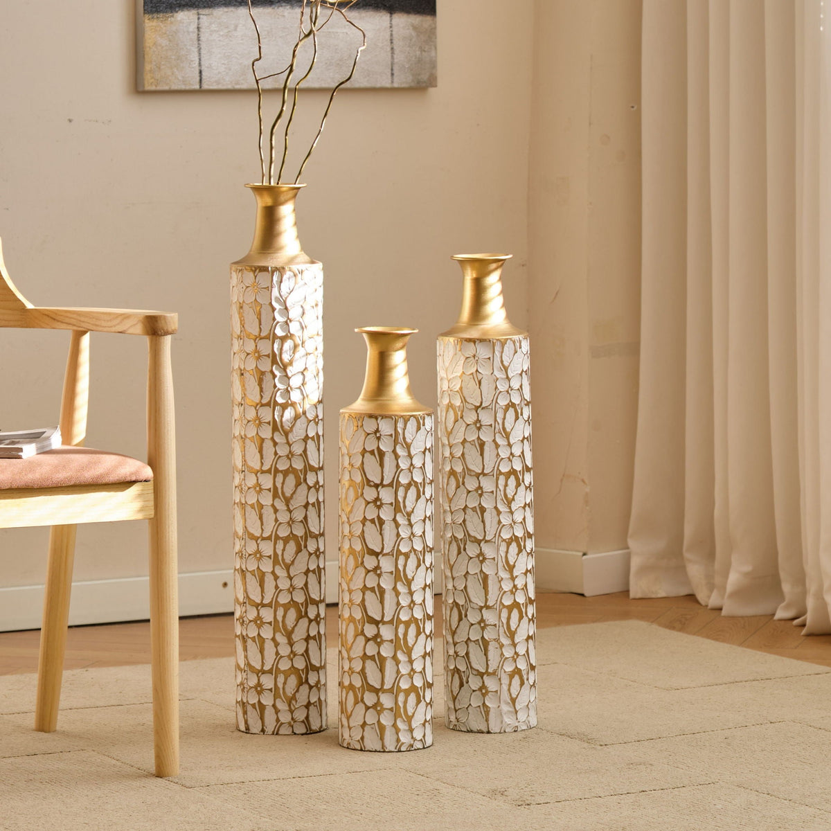 Large Decorative Floor Vases Set of 3 with Antique White & Gold Finish