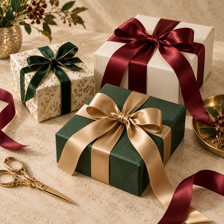 Ivory and forest green gift boxes tied with satin ribbon