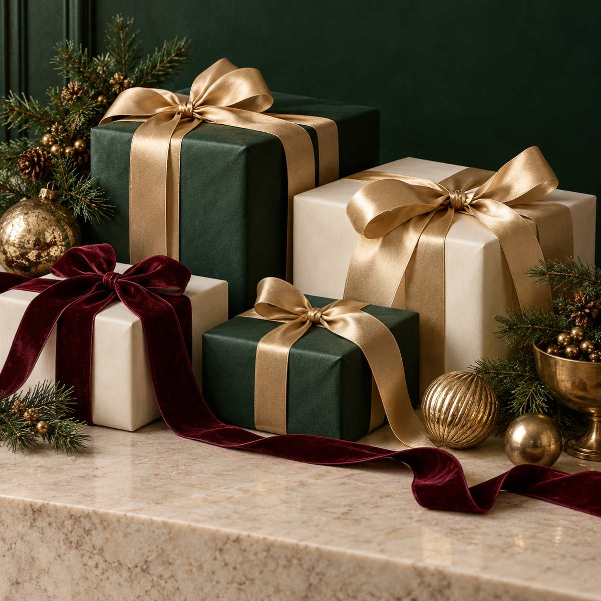 Holiday Elegance: champagne gold ornaments, forest green and ivory gifts, burgundy velvet ribbon, and warm festive lighting