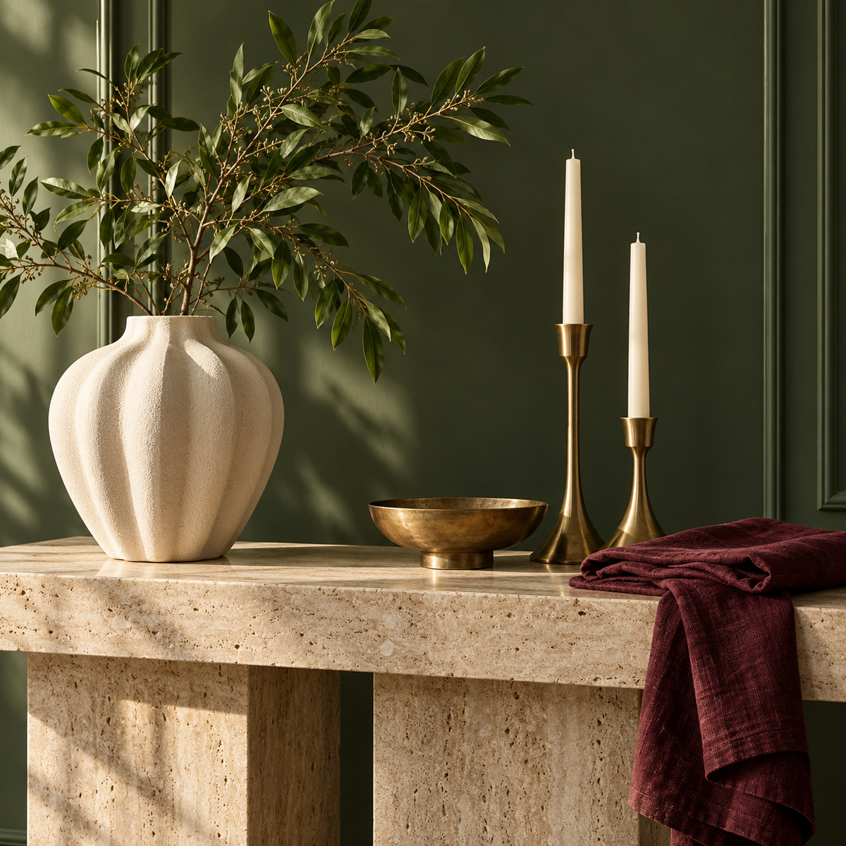 Ivory ceramic vase, brass candle holders and burgundy linen