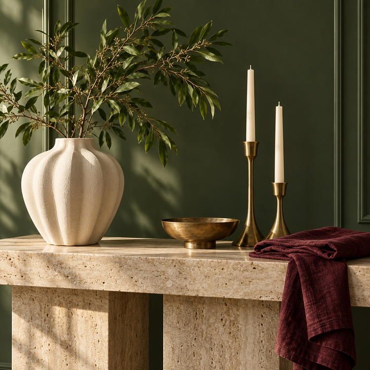 Ivory ceramic vase, brass candle holders and burgundy linen