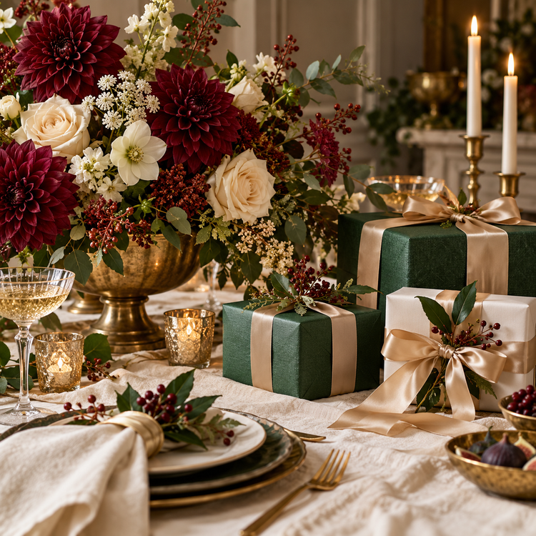 Burgundy and ivory flowers alongside elegantly wrapped gifts