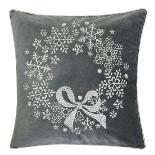 Gray Velvet Holiday Throw Pillow with Snowflake Wreath Embroidery