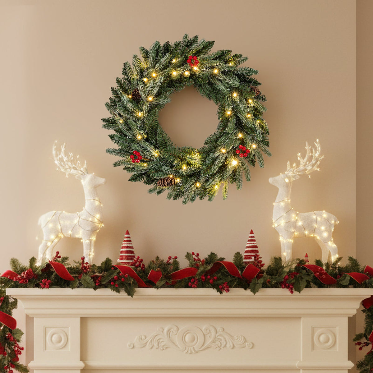 24" Pre-Lit Christmas Wreath with 90 Frosted Branch Tips