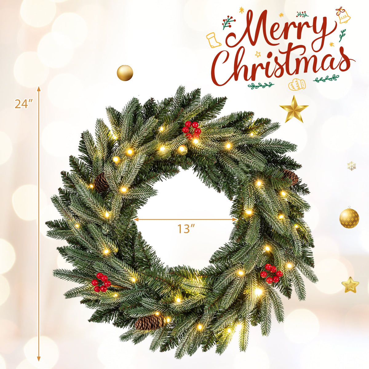 24" Pre-Lit Christmas Wreath with 90 Frosted Branch Tips