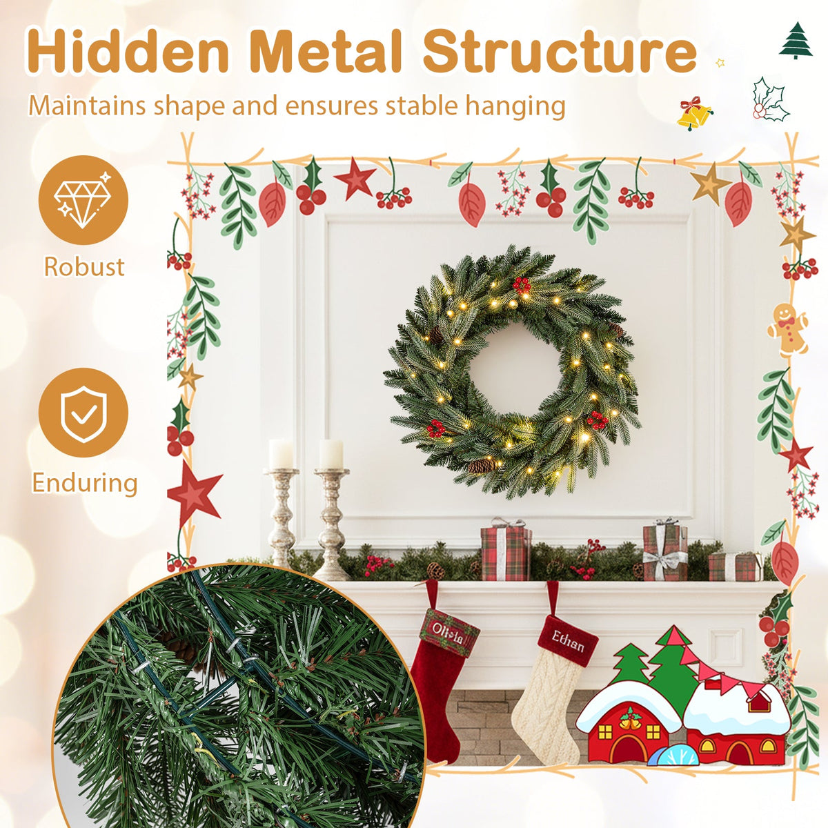 24" Pre-Lit Christmas Wreath with 90 Frosted Branch Tips