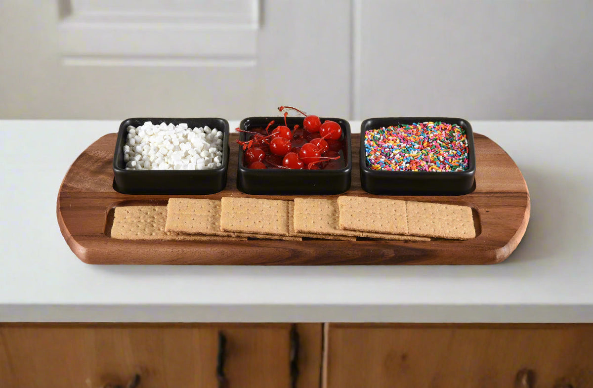 Charcuterie / Serving Tray w/ 3 Square Ceramic Bowls