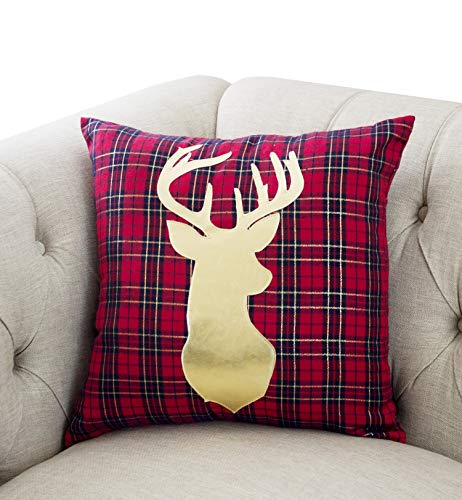 Fennco Styles Holiday Deer Tartan Plaid Christmas Decorative Filled Throw Pillow