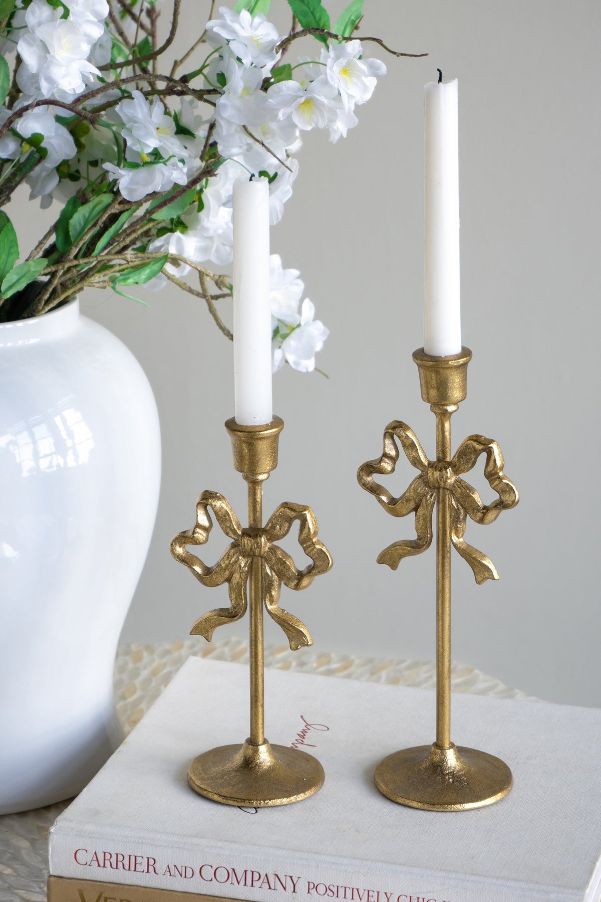 Vintage Gold Candle Holders Set of 2 with Elegant Bow Accent - Gold