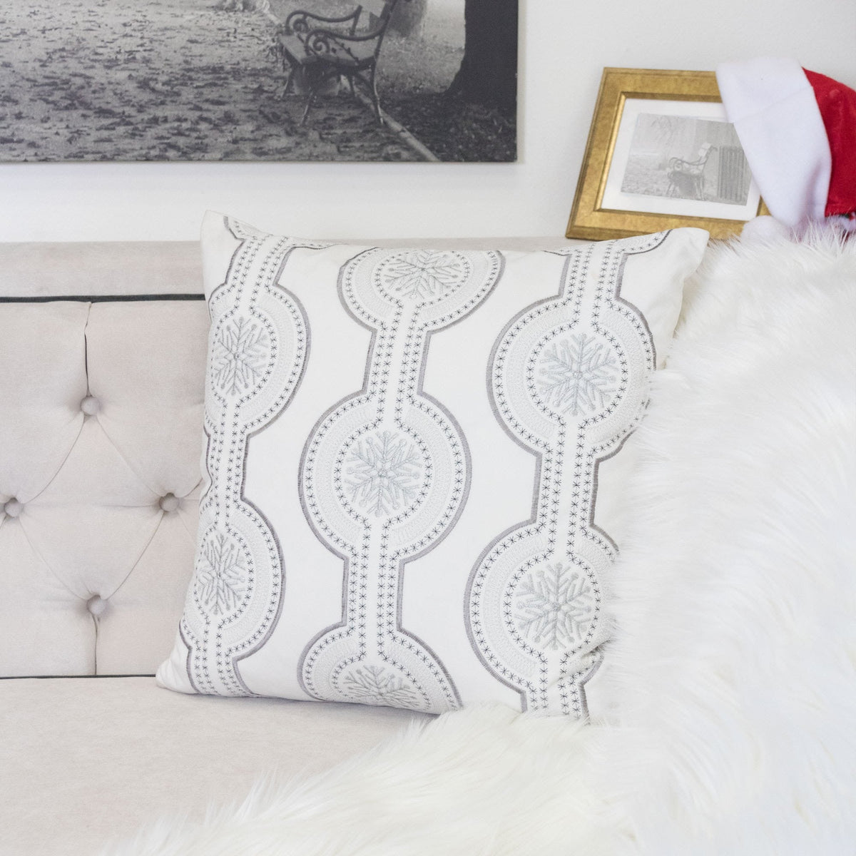 White Holiday Embroidered Velvet Throw Pillow Set 20x20 with Inserts - White