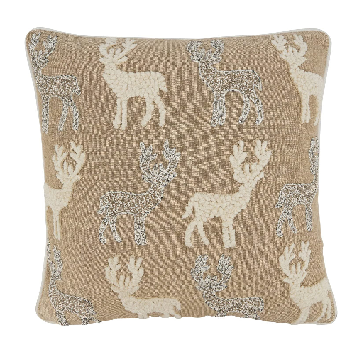 Fennco Styles Hand Beaded & Embroidered Reindeer Cotton Decorative Throw Pillow 18" W x 18" L – Natural Holiday Cushion for Home, Couch, Sofa, Bedroom, Office, Christmas Décor and Special Occasion