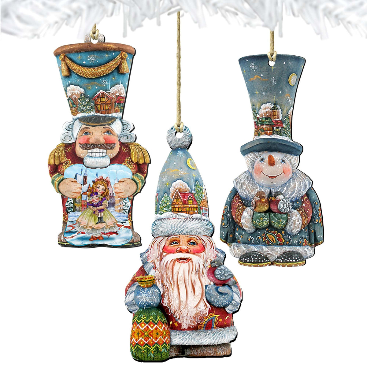 Elegant Holidays Wooden Ornaments Set of 3 by G. DeBrekht - Christmas Santa Snowman Decor - 8100002S3