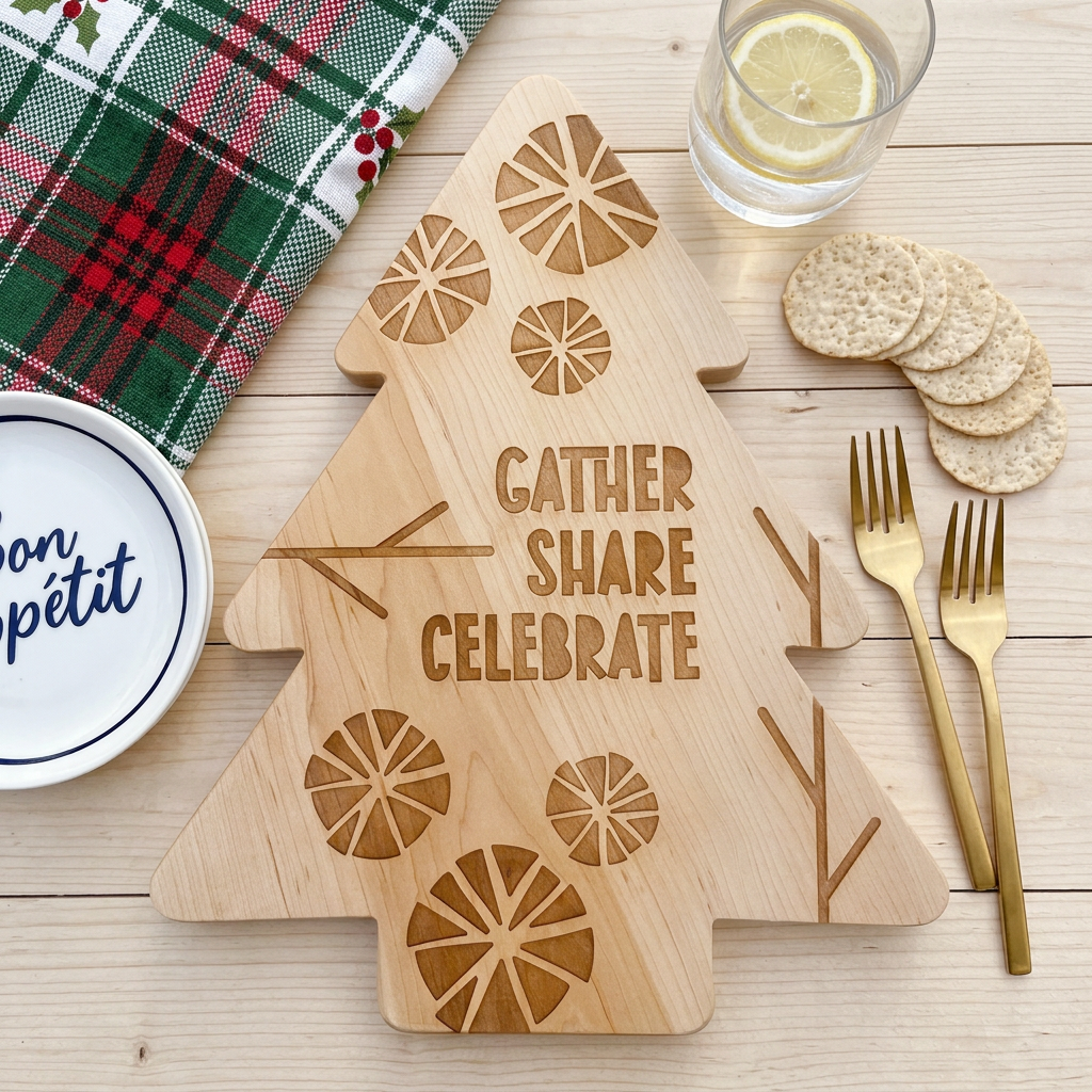 Etched Christmas Tree Solid Maple Wood Serving Board Platter - 11" x 13.5" | Made in the USA 🇺🇸