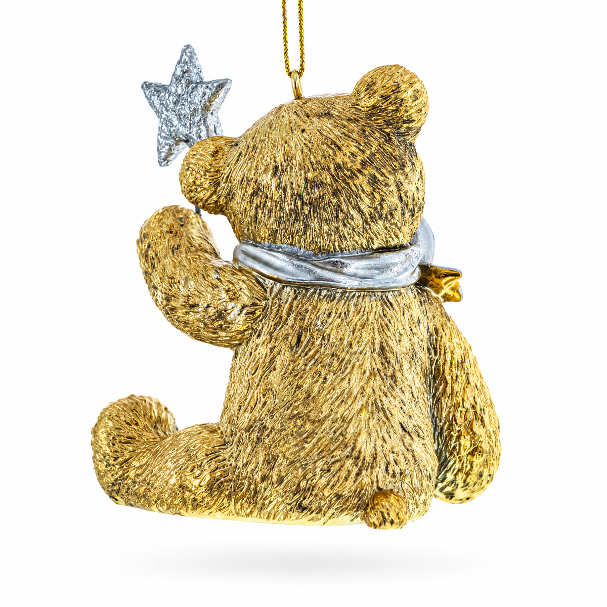 Gold Teddy Bear with a Sparkling Red Bow -Resin Christmas Ornament