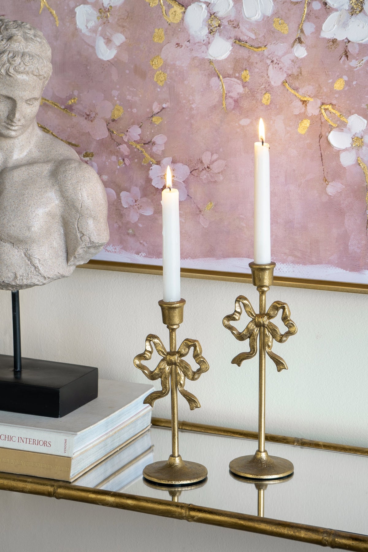 Vintage Gold Candle Holders Set of 2 with Elegant Bow Accent - Gold