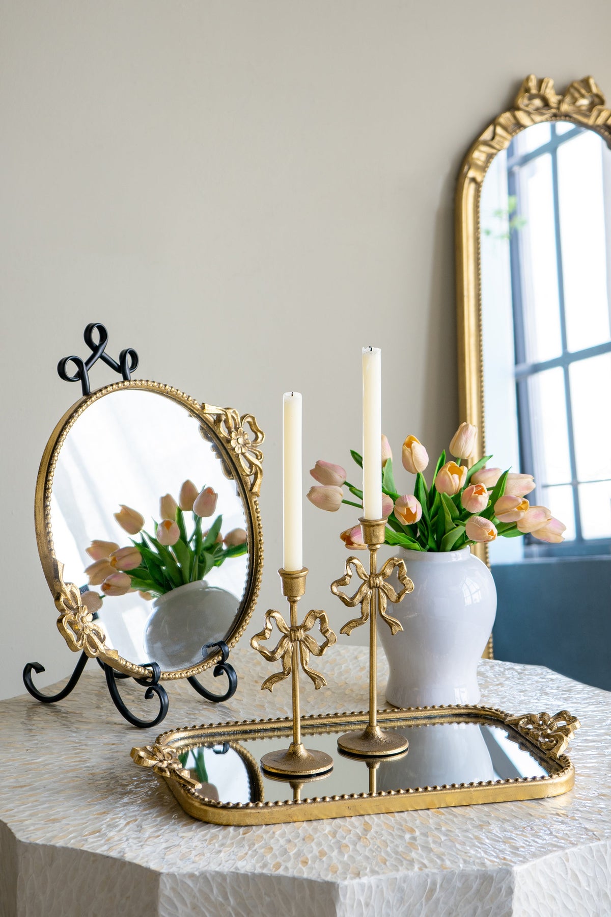 Vintage Gold Candle Holders Set of 2 with Elegant Bow Accent - Gold