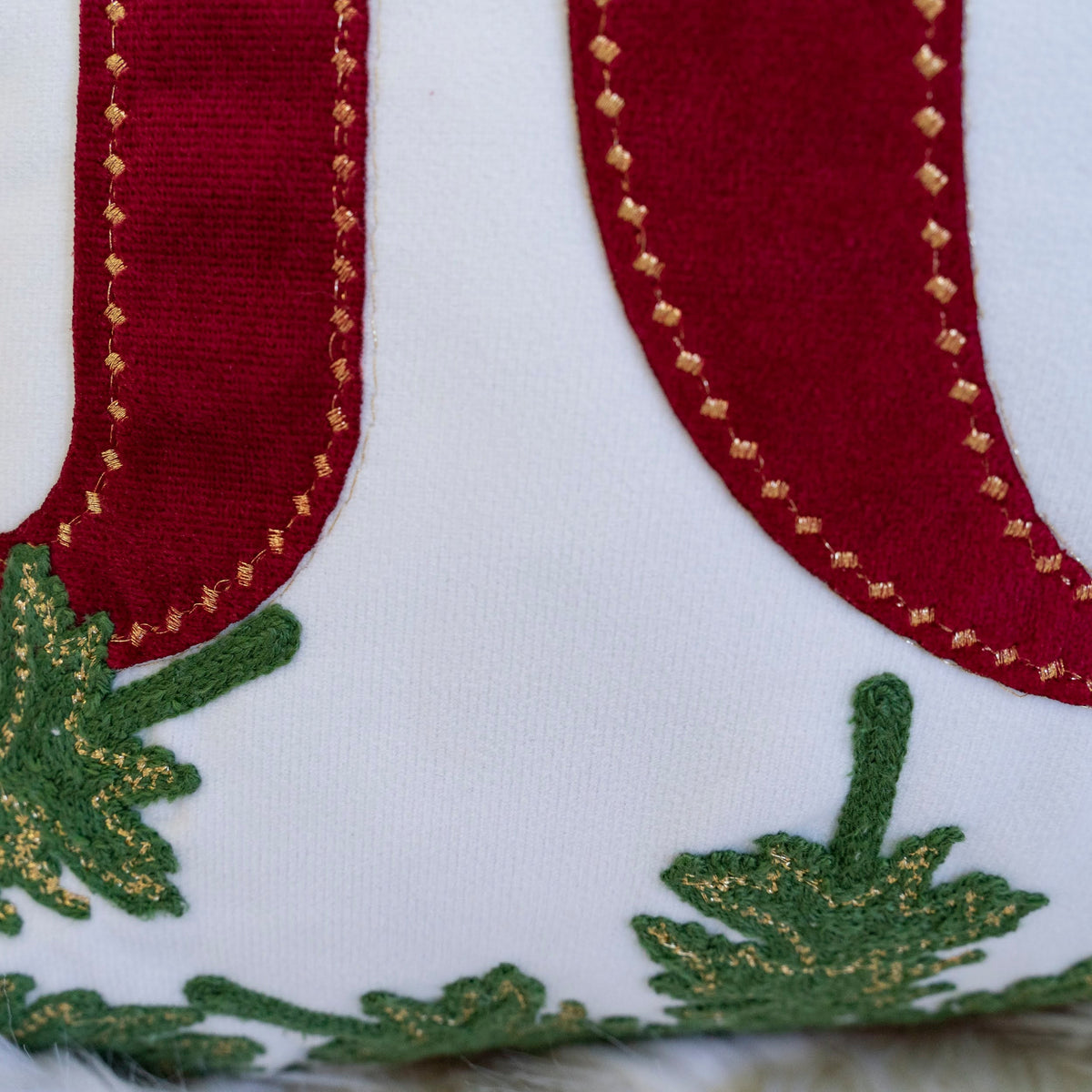 Joy Embroidered Christmas Throw Pillow with Velvet Finish - White and Red