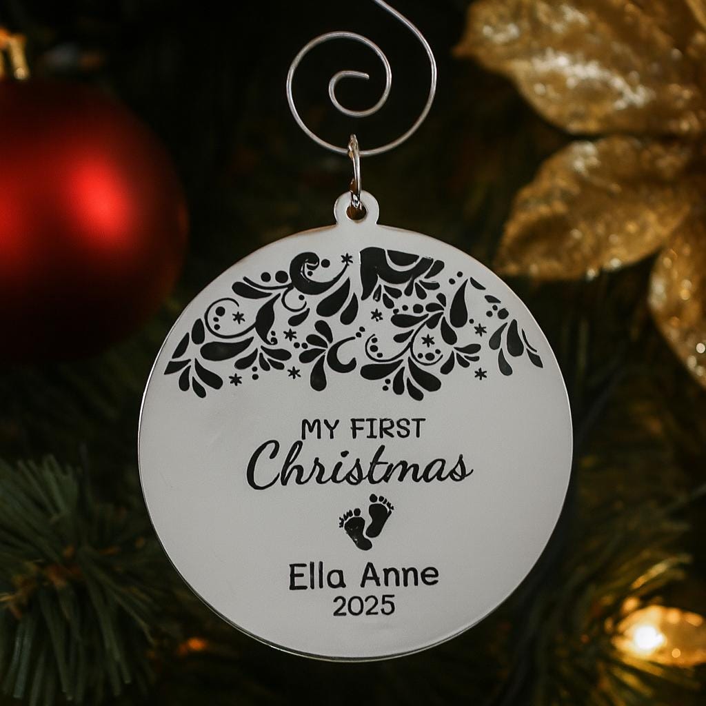 Personalized My First Christmas Ornament Stainless Steel Engraved Baby Name And Year Keepsake Holiday Gift Baby Girl Or Boy Ornament
