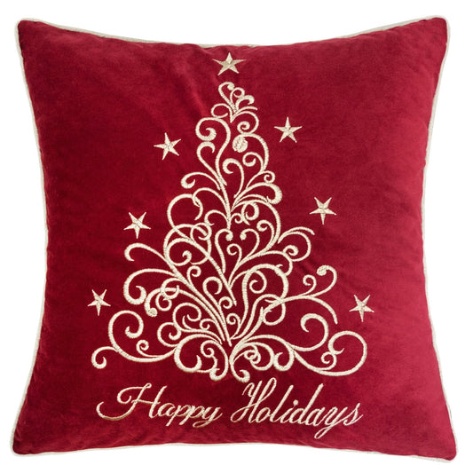 Red Velvet Holiday Pillow with Gold Embroidery - Red