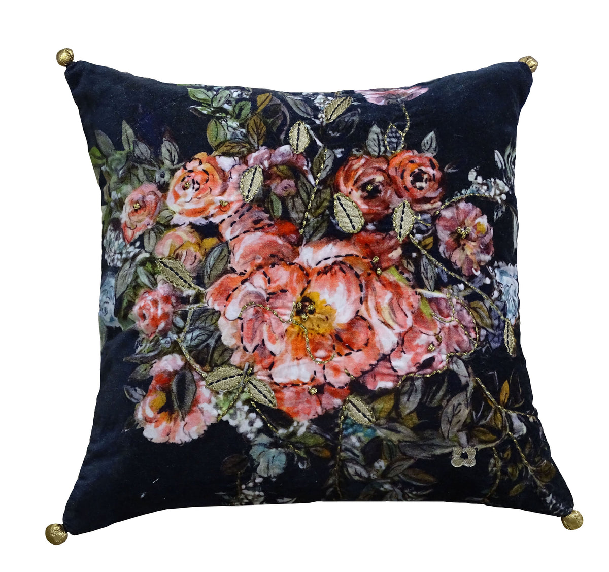 Vibhsa Winter Rose Black Velvet Throw Pillow — 18" x 18"