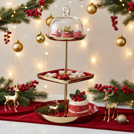 Enameled Metal 3-Tier Tray with Glass Cloche