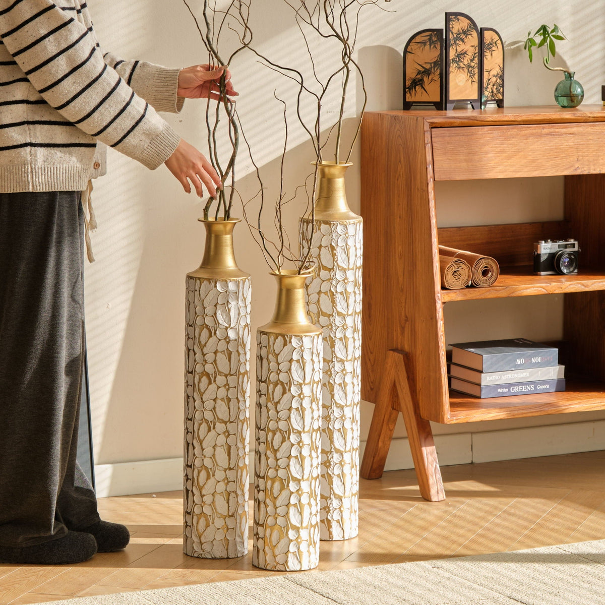 Large Decorative Floor Vases Set of 3 with Antique White & Gold Finish
